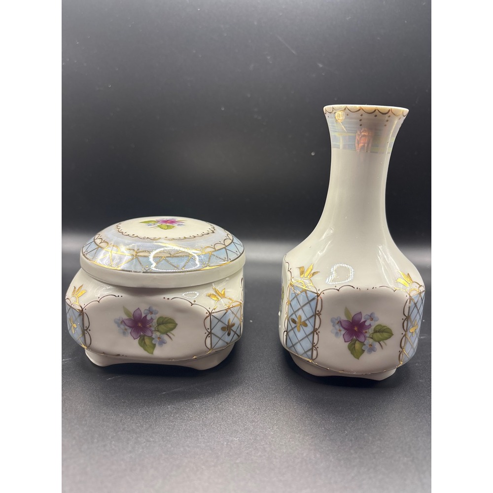 VTG Soviet Era Porcelain Trinket Box and Bud Vase Set Floral Gold Gilt Luster